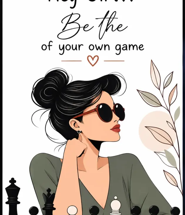 Stylized illustration of a woman in sunglasses at a chessboard, conveying empowerment and taking control of her own game.