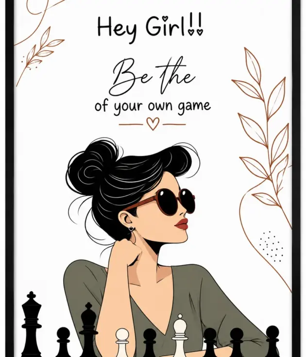 Stylish woman with black hair and sunglasses sits at a chessboard, framed inspirational text above: 'Hey Girl!! Be the of your own game' with decorative leaves around.