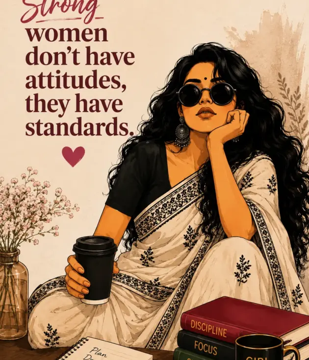 Illustration of a woman in a sari with round sunglasses, sitting with a takeaway coffee, a notebook, and stacked motivational books beside her; quote on the left reads about strong women.