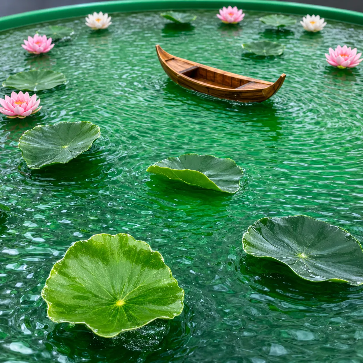 Bling On Art handcrafted 3D resin pond painting with glossy green water, floating lily pads, pink and white lotus flowers, and a miniature wooden boat.