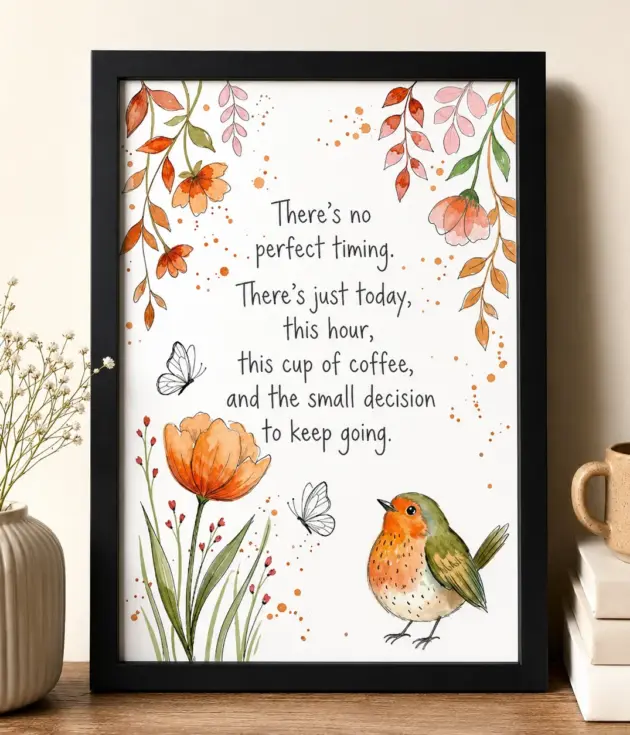 Bling On Art inspirational watercolor poster featuring orange flowers, botanical branches, butterflies and a colorful bird surrounding the motivational message, “There’s no perfect timing. There’s just today, this hour, this cup of coffee, and the small decision to keep going.