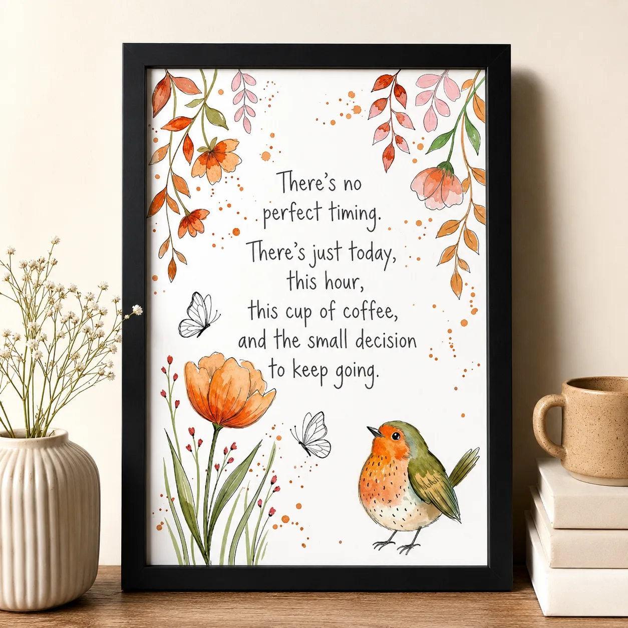 Bling On Art inspirational watercolor poster featuring orange flowers, botanical branches, butterflies and a colorful bird surrounding the motivational message, “There’s no perfect timing. There’s just today, this hour, this cup of coffee, and the small decision to keep going.