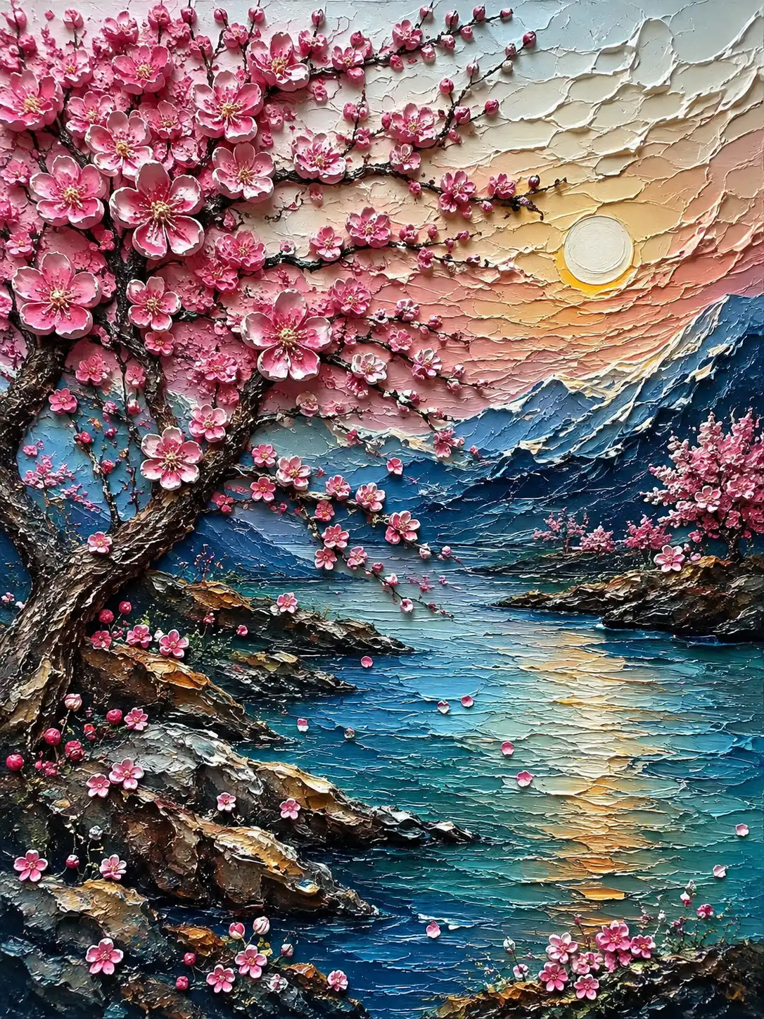 Textured painting of a flowering cherry tree on a rocky coastline at sunset, pink blossoms against a blue sea and warm sky.