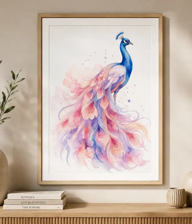 Bling On Art framed watercolor peacock painting displayed on a warm beige wall, featuring flowing pastel pink, lavender, peach and blue feathers with elegant modern home décor and wooden console styling