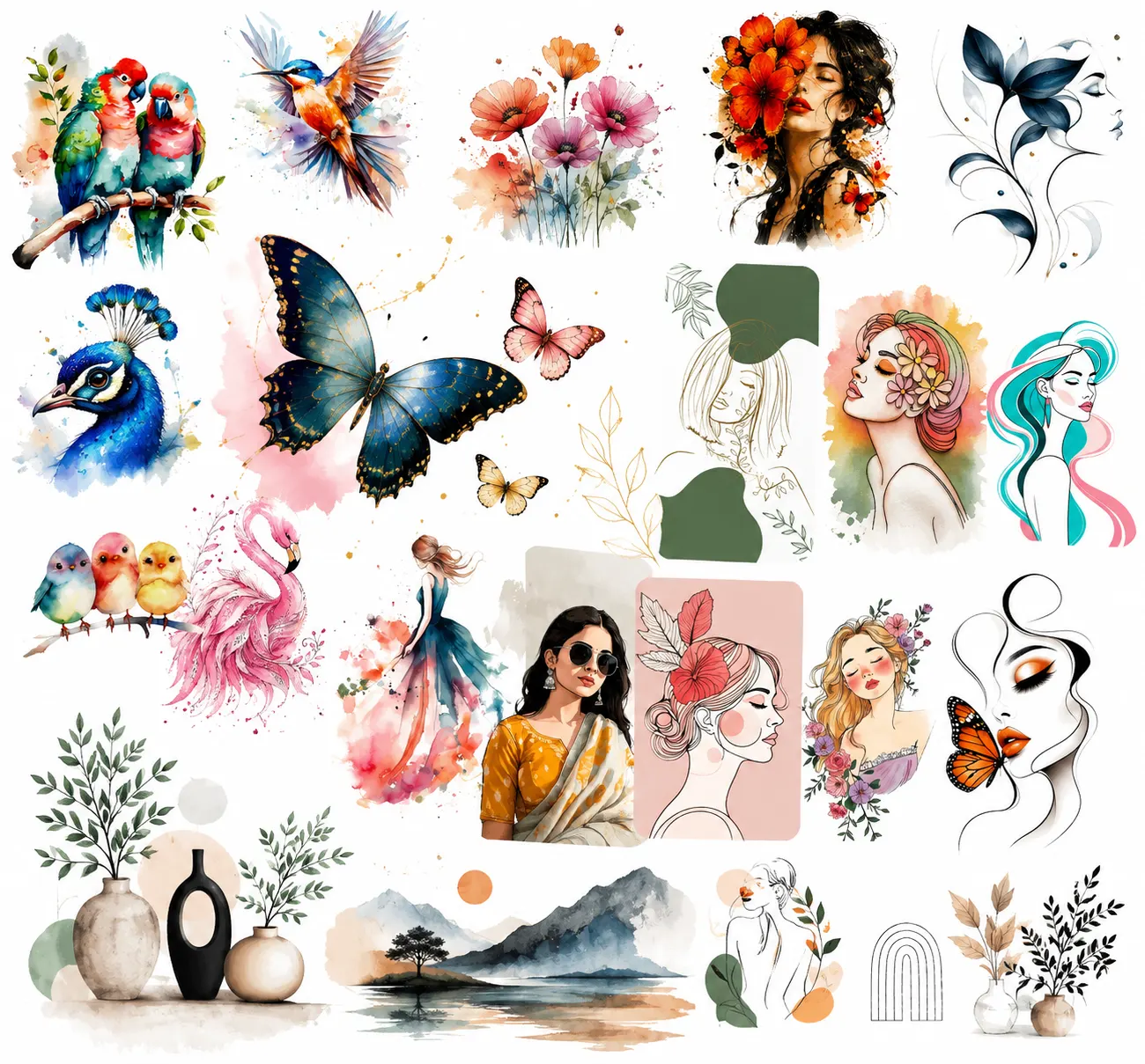 Colorful watercolor and line-art collage featuring birds, butterflies, flowers, feminine portraits, botanical illustrations, vases and landscape artwork on a clean white background.