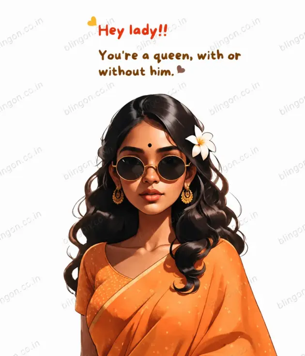 Illustrated woman wearing an orange sari with sunglasses, gold jewelry, and a flower in her hair; caption reads, 'Hey lady... You're a queen, with or without him.'