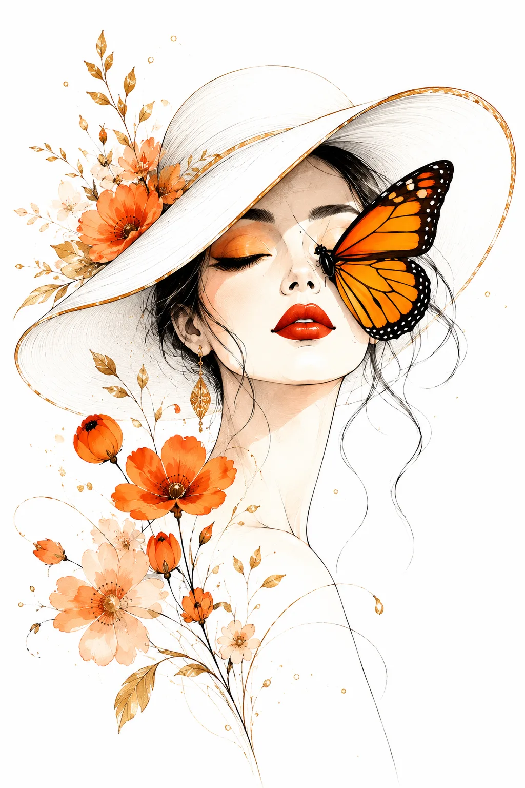 Elegant illustration of a woman wearing a wide white hat, surrounded by orange flowers, with a monarch butterfly resting near her lips.