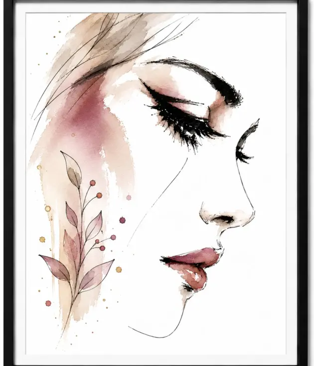 Watercolor-style profile portrait of a woman's face with bold eyeliner, pink lips, and a botanical stem along the cheek.