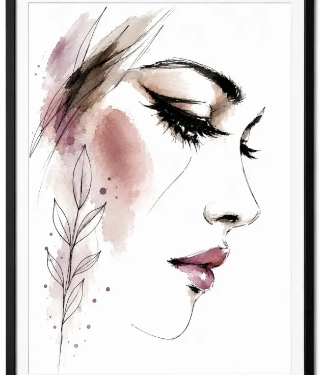 Abstract watercolor and ink portrait in profile, showing a closed-eye face with pink lips and botanical accents on the cheek.