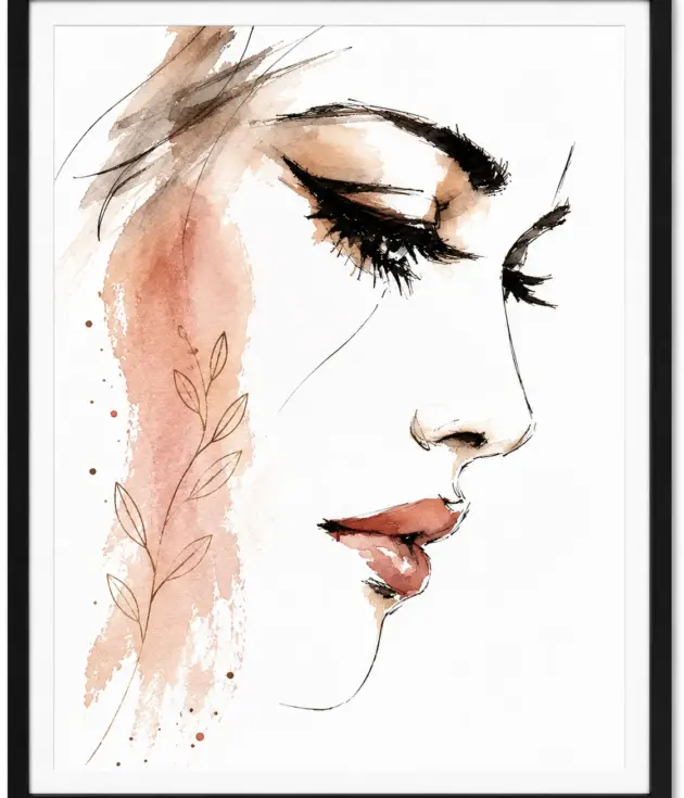 Watercolor-style profile of a woman's face with closed eyes and coral lips, framed art piece with a leafy accent on the cheek.