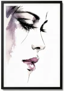 Abstract watercolor sketch of a woman's profile with closed eyes and purple lips, in a black frame.