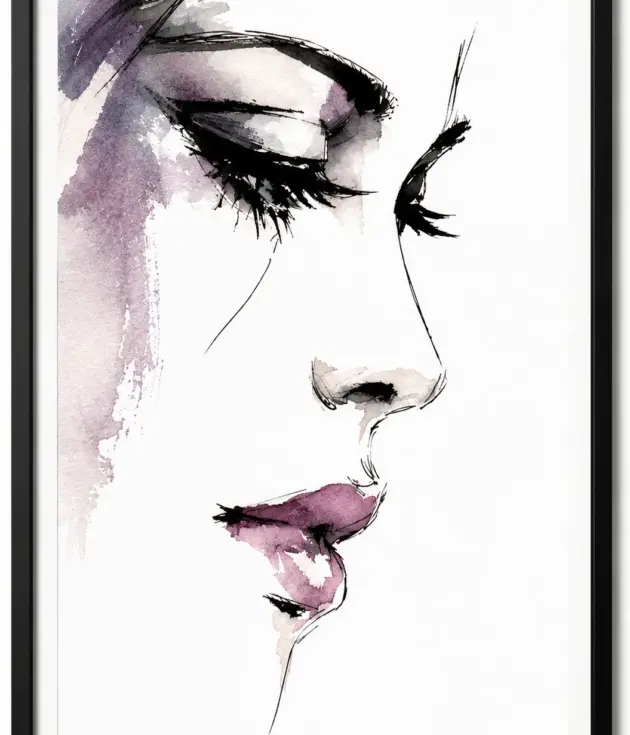 Abstract watercolor sketch of a woman's profile with closed eyes and purple lips, in a black frame.