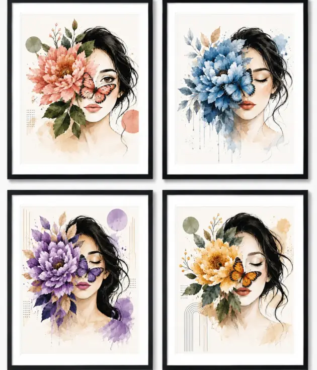 Set of four framed art prints: a woman's face with a large flower and butterfly overlay in pink tones (top-left).