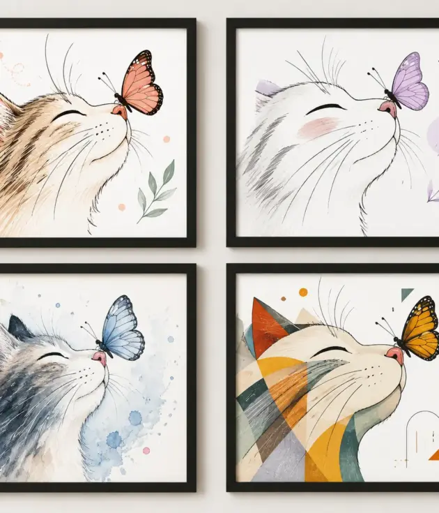 Quartet of framed cat-and-butterfly illustrations, each with a different butterfly color and background style.