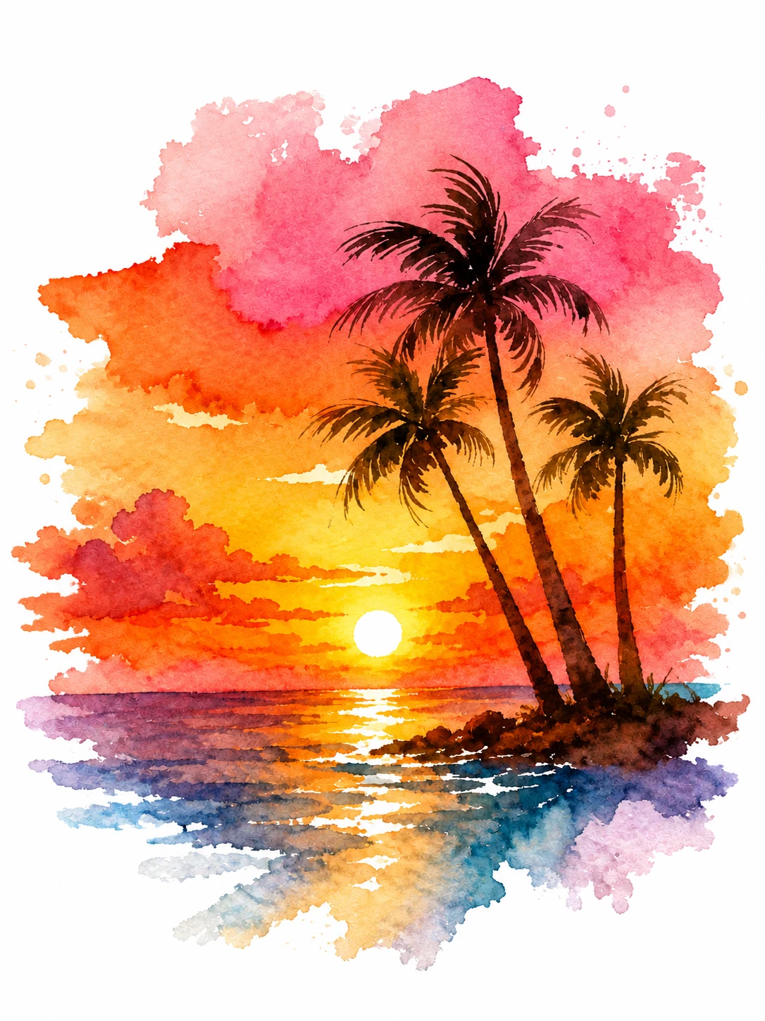 “Vibrant watercolor tropical sunset with silhouetted palm trees, glowing orange and pink sky, setting sun, and reflections over a calm blue ocean.”