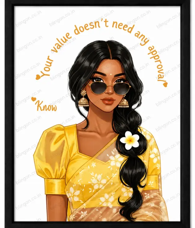 Bling On Art motivational framed poster featuring a stylish South Asian woman in a yellow floral saree, sunglasses, gold earrings, and flower-adorned braid, with the inspirational message “Your value doesn’t need any approval” on a clean white background with a black frame and Bling On watermark.